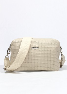 Bolso bandolera de piel trenzado, con bandolera ancha de algodón. Beis. FERCHI